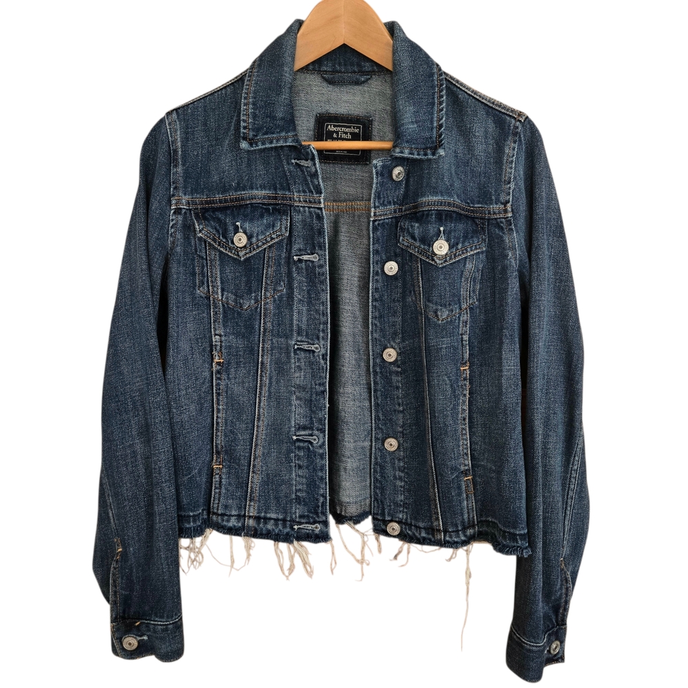 Abercrombie & Fitch Jean Jacket Womens Size S Blue Dark Wash Frayed Hem Buttons - Picture 1 of 11